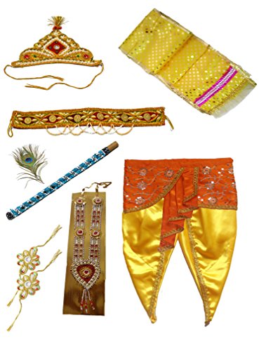 Image of Pakhi Little Krishna Dress For Kids - Yellow Set with Red Fan - Superior