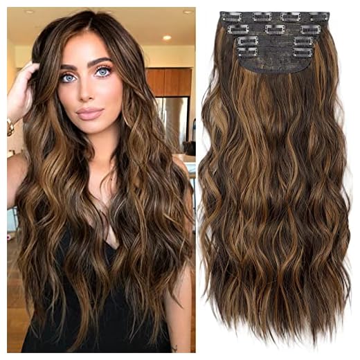 KooKaStyle Clip in Long Wavy Synthetic Hair Extension 20 Inch 4PCS Balayage Dark Brown to Chestnut Hairpieces Fiber Thick Double Weft Hair Extension for Women