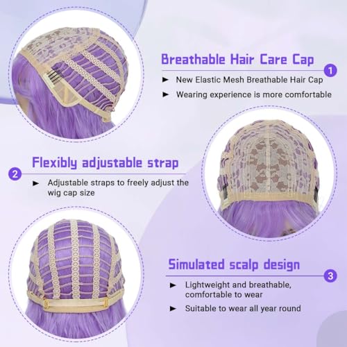 Image of Pastel Purple Wavy Bob Wig for Women, Short Shoulder Length Synthetic Wig with Bangs, Natural Looking Lightweight Hairpiece for Daily Wear & Cosplay Costume Party