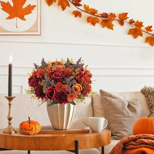 Image of Artificial Flower Bouquet for Home Decoration - 2 Pcs Faux Rose & Daisy Bouquet (Without Pot) Artificial Flowers for Living Room, Bedroom, Office, Vase Decoration (Maroon /Orange)