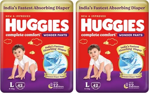 Image of Huggies Complete Comfort Wonder Pants | Pant Style Baby Diapers L Size, 42 Count | India's Fastest Absorbing Diaper, Patented Dry Xpert Channel, Ideal for 9 to 14 Kgs (Pack of 2)