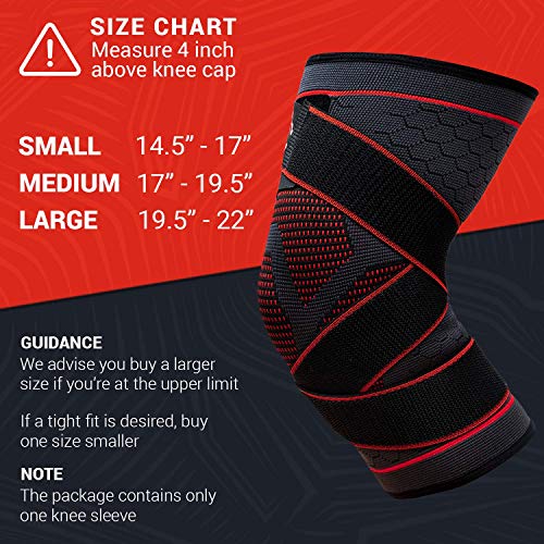 Knee Compression Brace for Men and Women - Non Slip Sleeve with Straps for Pain Relief, Meniscus Tear, Sports Safety in Basketball, Tennis - Single Wrap (Medium)