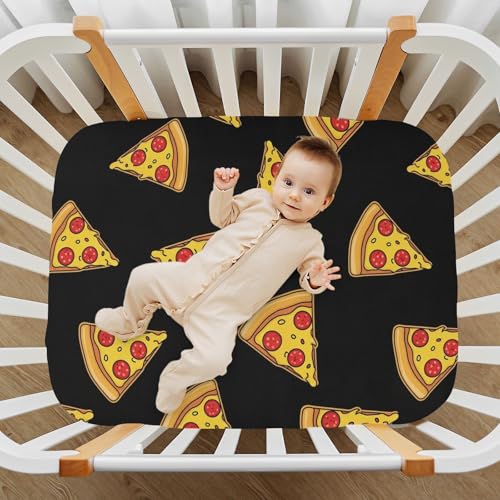 Image of Pizza Black Fitted Crib Sheet for Boys Girls Baby Breathable Crib Bedding Set for Toddler Bed Mattress,52 X 28 in