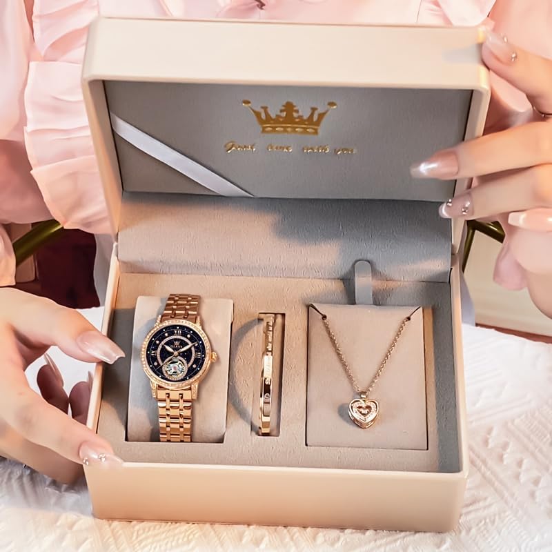 OLEVS Women’s Watch Automatic Diamond Tourbillon Luxury Fashion Stainless Steel Waterproof Luminous Wrist Watches for Ladies Gift Rose Gold/Starry Sky Blue/Silver - Image 6