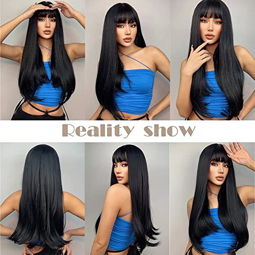 EMMOR Black Wigs Long Straight Wig With Fringe Hair for Women Synthetic Natural Black Hair Party And Cosplay Premium Soft Wig(26" Black) - Image 4