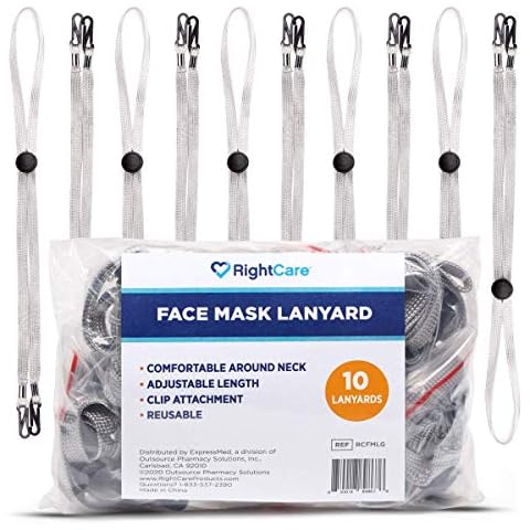 RightCare Face Mask Lanyards, Adjustable Length, Reusable for Adults and Children, Grey, 10ct Cover