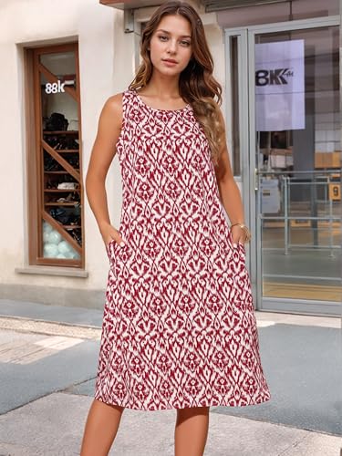 Image of Seta T Women's Summer Dresses Beach Casual Sleeveless Sundress Crewneck Print Loose Midi Tank Dress with Pockets