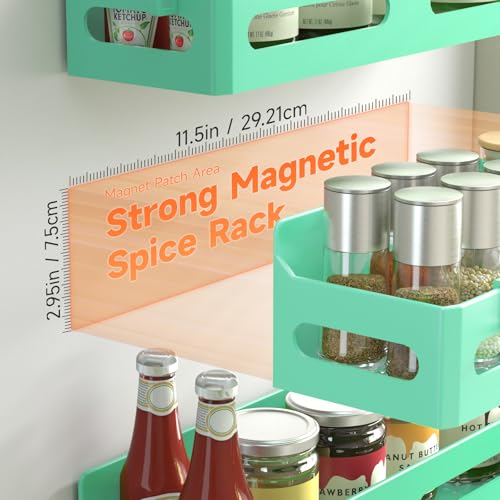 Image of Sevenblue 4-Pack Magnetic Spice Rack for Refrigerator with Hooks, Green | Strong multipurpose magnetic shelf for kitchen & bathroom organization. Includes 4 removable hooks for hanging items.