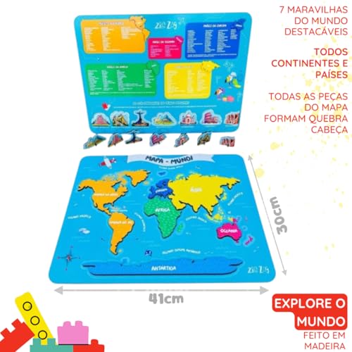 Quebra Cabeça Infantil Mapa Múndi De Madeira Com As 7 Maravilhas Do Mundo