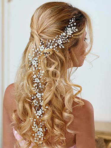 Asooll Bride Wedding Hair Vine Silver Flower Leaf Bridal Headband Rhinestone Crystal Headpiece for Women and Girls