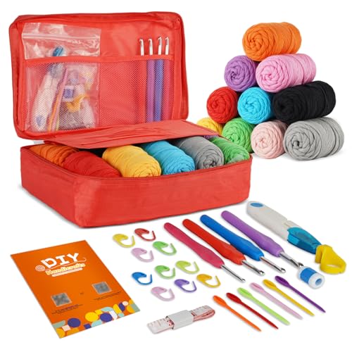 iptek Kit de ganchillo para principiantes y adultos, hilo de ganchillo para principiantes, kits de hilo de ganchillo en total de 10 colores con puntadas fáciles de ver, incluye guía básica de puntadas
