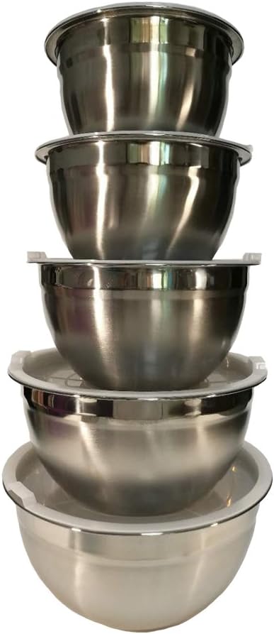 Hexun Stainless Steel Mixing Bowls 5 Quart Capacity Bowl Set Non-Slip With Clear Lids ,5 Piece Bonus Set (Clear)