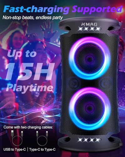 Large Bluetooth Speaker, 260W Peak Powerful Loud Sound with Deep Bass, Portable Outdoor Speaker Wireless, 15Hr Playtime, Fast Charge, TWS, Cool Lights for Party, Camping, Beach, Backyard, Home, Work - Image 4