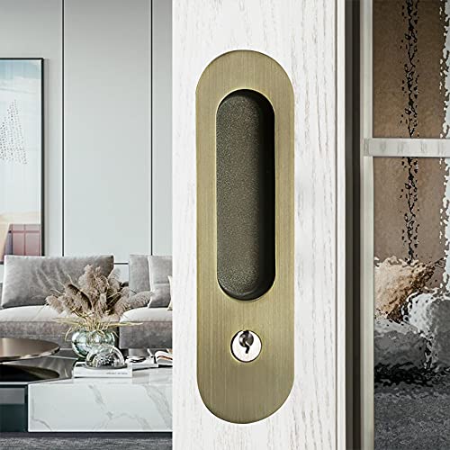 Cerradura para puerta corredera de bolsillo de 6,8 pulgadas, manija invisible con llaves, manija empotrada para muebles de puertas deslizantes, acabado bronce miniatura 7