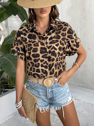 Verdusa Women's Leopard Print Tops Button Down Shirt Short Sleeve Blouses Shirts Dressy Fashion Tops3