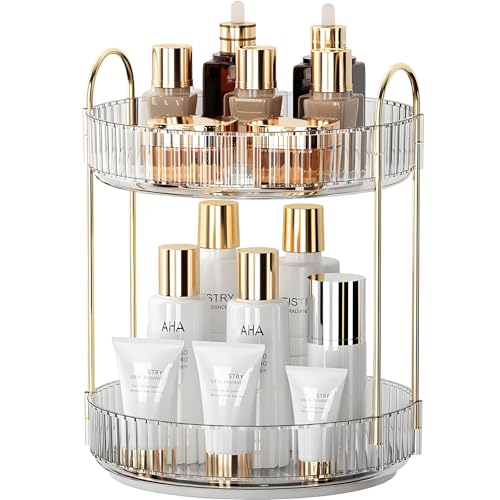 Make Up Kosmtik Organizer, 360° Drehbar Schminktisch Organizer, Multifunktion Schmink Aufbewahrungssystem Skincare für Dresser Schlafzimmer Badezimmer, 2 Schichten, Transparent