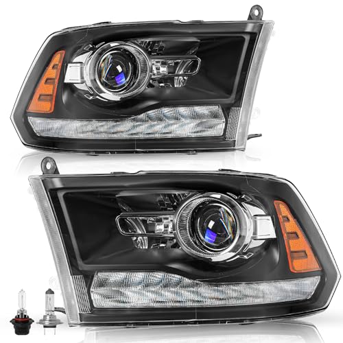 TUSDAR Factory Projector Headlights Assembly Fit for 2013-2018 Dodge Ram 1500 2500 3500, OE Style Replacement Halogen 9 Pin Headlamp with LED DRL Black Housing with Amber Reflector