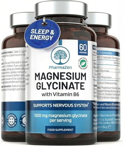 Magnesium Glycinate High Strength 1500mg - High Absorption Easy to Digest - UK Made Supplement for Sleep & Energy - Mag Bisglycinate with Vitamin B6 Tablets - 300mg Elemental Magnesium - 60 Capsules