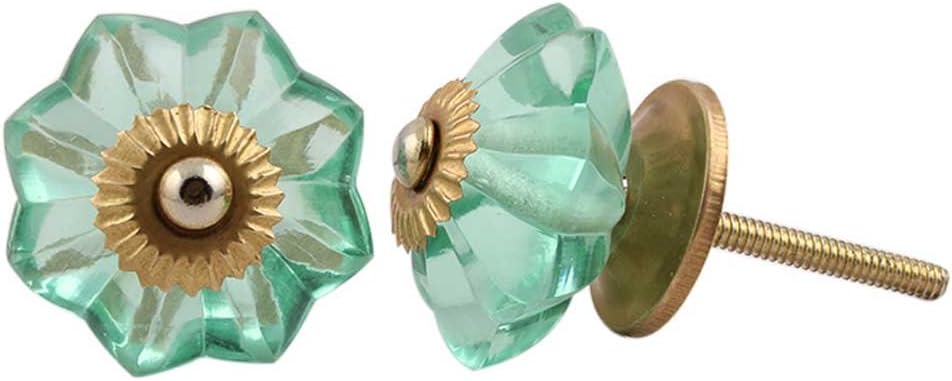 IndianShelf 6 Pieces Pumpkin Green Glass Decorative Drawer knobs Unique Flower Shape Kitchen Cabinet Pulls for Dresser, Door, Wardrobe, Cupboard with Golden Hardware
