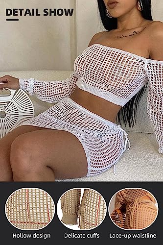 2 Piece Outfits Knitted Cover up Set Crochet Long Sleeve One Shoulder Hollow Top Drawstring Skirt Beach Cover up Set3