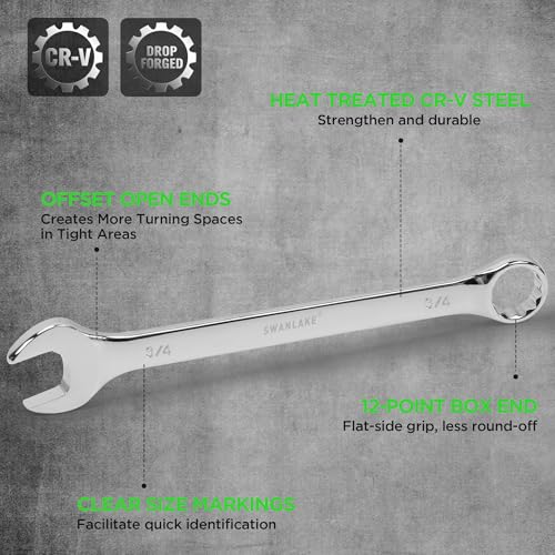 Image of SWANLAKE 15-Piece SAE Wrench Set, V Notch Premium Combination Wrenchs Set, SAE 1 /4 inch to 1-1 /16 inch, Max Torque, 12-Point, Chrome Vanadium Steel, with Storage Rack