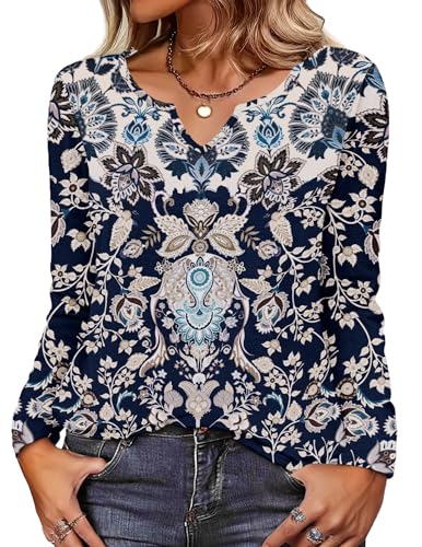 Image of Zeagoo Long Sleeve Shirts for Women Fall Tops Casual Dressy V Neck Blouses Boho Tunic Western Clothes Vacation Outfits