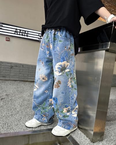 Boys Baggy Flower Printed Jeans Elastic Waist Casual Straight Wide Leg Pull On Hip Hop Denim Pants Streetwear3
