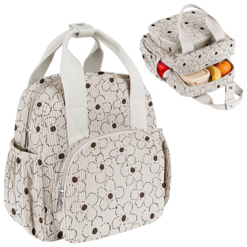 Easozoom Insulated Corduroy Lunch Bag for Teen Girl Kid Women, Large Lunch Box, Reusable Portable Leakproof Lunchbox for School Travel Office Picnic (Linear flower)