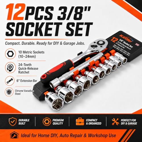 Image of KATSU 3 /8 Inch Socket Set 12Pcs, 10-24mm Metric Drive with 24-Teeth Quick-Released Ratchet Wrench and 6 inch Extension Bar, High Grade Chrome Vanadium Steel, Auto Repairing Garage Tool 420341
