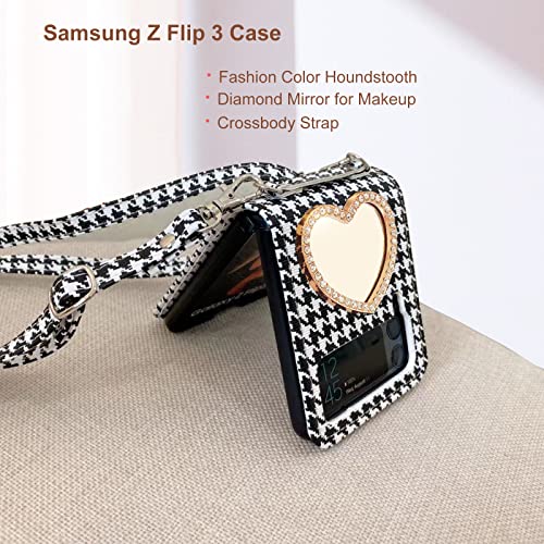 Miitoomo Galaxy Z Flip 3 Case With Strap Girly Cute For Samsung Galaxy Z Flip 3 5G Case With Big Bow And Makeup Mirror Z Flip 3 Case With Strap Pu Leather (Houndstooth) #TOP1
