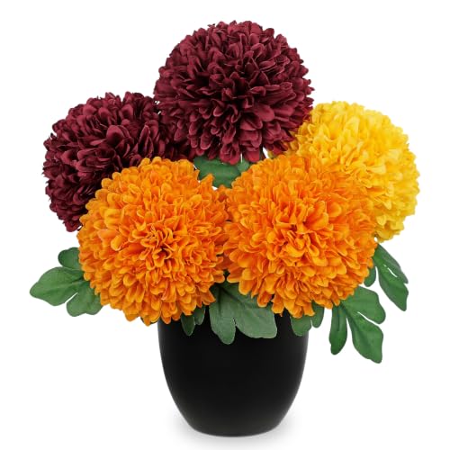 Image of Briful Artificial Mums - Realistic Silk Fall Chrysanthemums in Black Pot, Faux Potted Flowers for Home, Table Centerpiece, Porch, Indoor & Outdoor Autumn Decor