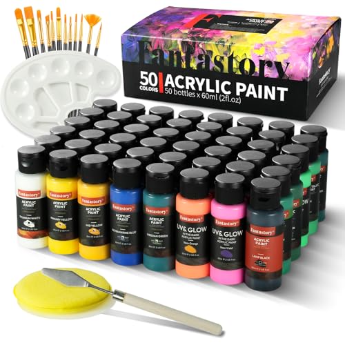Fantastory Acrylfarben Set, 50 x 60 ml mit 15-teiligem Zubehör, hohe Deckkraft & wasserfest, Acrylic Paint Set für Leinwand, Holz, Steine & Basteln