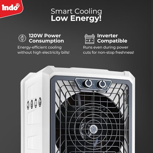 Image of Indo 48 L Air Cooler for Room, High-Speed Air Cooler 2250 RPM, Energy-Efficient 120W, Honeycomb Cooling Pads, Inverter-Compatible, Large Water Tank with Water Level Indicator | 1-Year Warranty