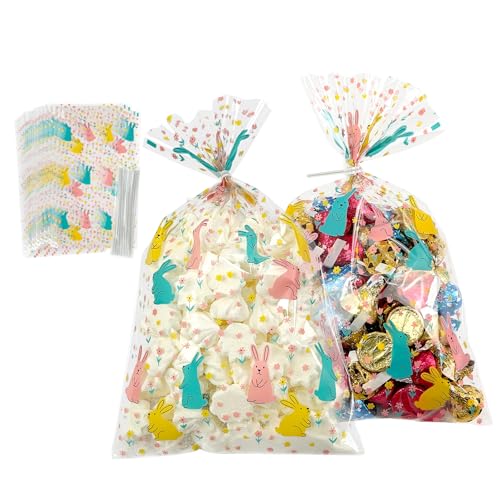 EKAPACKAGING 50Pcs 5x7 Inches Cellophane Treat Bags with Pink Ribbons, Pink Heart Pattern Gift Bags, Small Valentine's Day Goodie Bags for Candy, Marshmallow Pops, Cake Pops, Party Favors