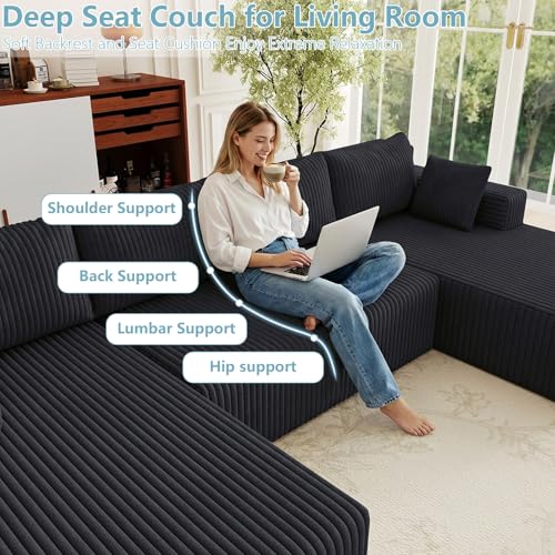 Image of 125 inch W Boneless Cloud Sectional Couch Modular Sofa with Ottoman | Modern U-Shaped Couches, Comfy Corduroy Memory Foam Sofas with Oversized Chaise for Living Room (Black, Left-Facing Chaise)