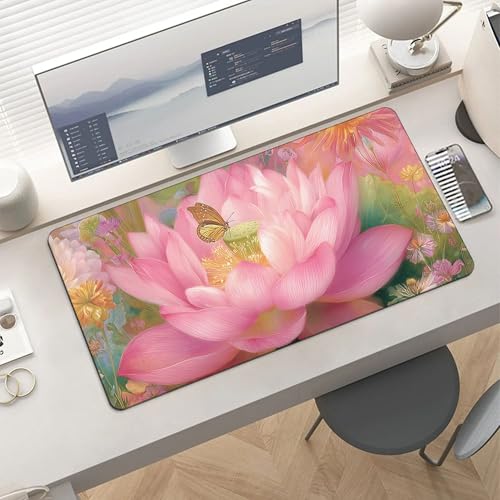 Image of Ethnic Lotus Flower Extended Gaming Mouse Pad, with Stitched Edges Large Mouse Pad Desk Protector, Rubber Base Mousepad Keyboard Mouses Mat for Work Game Office Home- 32 inch X 16 inch Inch