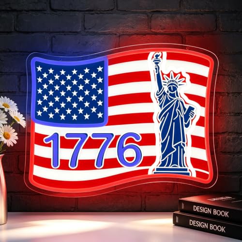 Image of 1776 USA Flag Neon Sign, Dimmable Statue of Liberty Patriotic LED Neon Lights for Wall Decor, 4th of July, Bedroom, Bar, Man Cave, Home, Garage, Christmas Birthday Party Gifts
