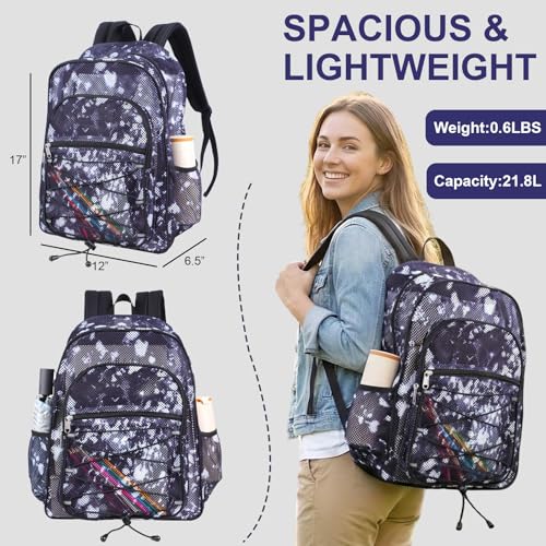 Image of COVAX Mesh Backpack for School Heavy Duty Semi-Transparent Bookbags for Beach, Swimming, Sports, Work, Travel (Black with White Splashes)