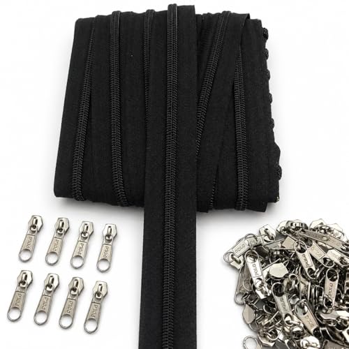 Image of M Fabrics 5 Meters Open Zipper with 10 Steel Zip Puller in Meter for Tailoring, Stitching, Bags and Purse (Open Ended Zip) - (5 Meter Roll + 10 Steel Zips Runner) - (Black)