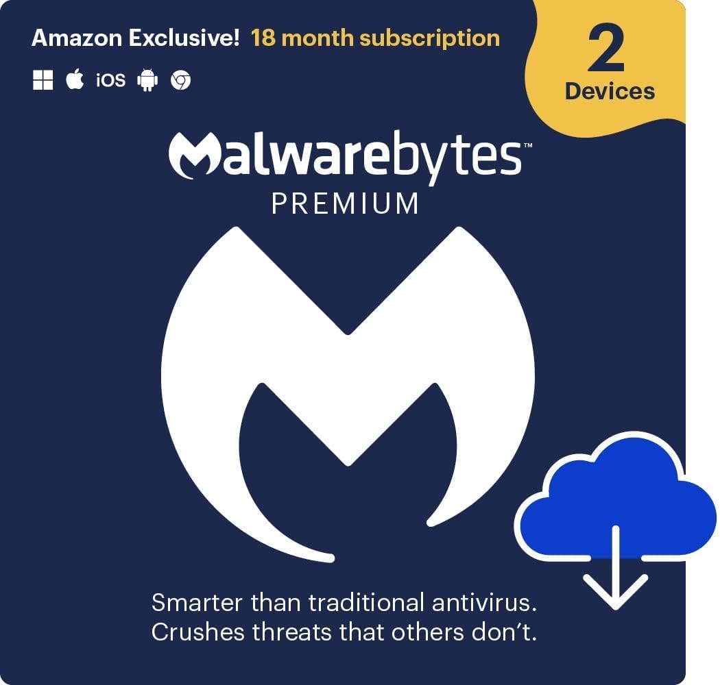 Malwarebytes Premium | Amazon Exclusive | 18 Months, 2 Devices | Windows, Mac OS, Android, Apple iOS, Chrome [Online Code] : Everything Else