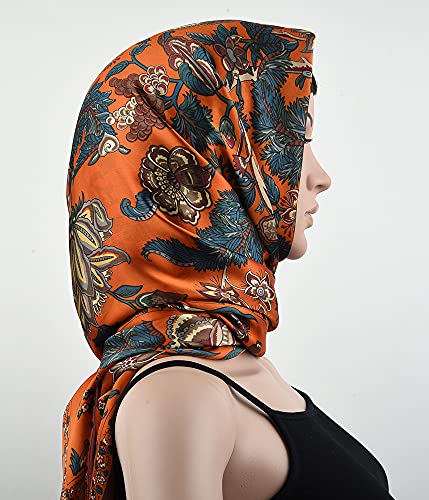 Corciova Large Lightweight Women Square Designer Silk Scarf Shawl Pashmina Wrap 53 X 53 Safety Orange Burgundy Florals thumb #1