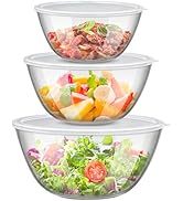3 Pack Glass Mixing Salad Bowls with Lids, Large Salad Serving Bowl (4.4QT, 2.7QT, 2.1QT) High Bo...