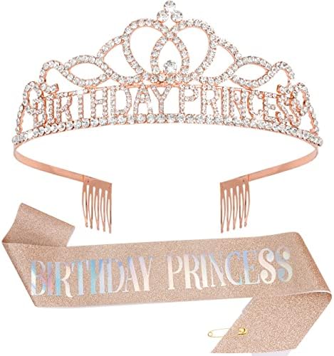 CAVETEE Princess Crown And Birthday Princess Sash, Birthday Tiara With &ndash