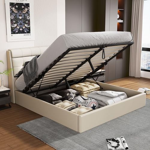 Polsterbett 140x200cm, Boxspringbett mit hydraulisches Bettkasten, Bett mit Lattenros, Verdeckte Stauraum Kopfteil, Doppelbett Jugendbett Bettrahmen, Kunstleder, Ohne Matratze (Cremeweiß, 140x200 cm) Polsterbett 140x200cm, Boxspringbett mit hydraulisches Bettkasten, Bett mit Lattenros, Verdeckte Stauraum Kopfteil, Doppelbett Jugendbett Bettrahmen, Kunstleder, Ohne Matratze (Cremeweiß, 140x200 cm)
