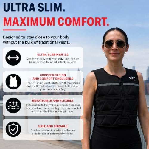Image of JFIT Slim Adjustable Weighted Vest, 2.5-8 lb, Low Profile Design | Delta Flex tiles, 13 even-weight pockets, side-lacing fit, reflective strip, walking & running weighted vest