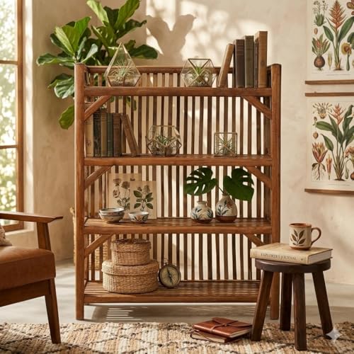 Image of CANE CRAFTS Wooden Shelf Bamboo 4-Tier Kitchen Organizer Shoes & Slippers Rack Books Shelves Planter Stand
