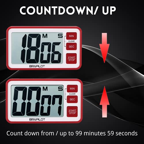 Digital Kitchen Timer Countdown - Brapilot Dt001 Digital Timer Count Up, Auto-Off, Memory For Cooking Classroom Bathroom Teachers Kids Baking Sports Games Office (Red Color) #TOP1