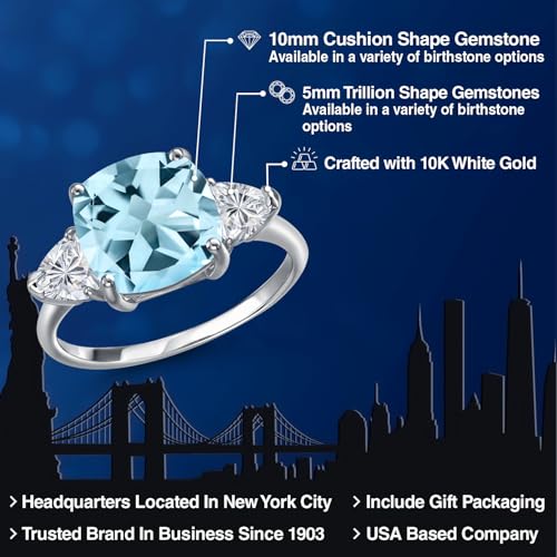 Gem Stone King 10K White Gold Sky Blue Topaz and Lab Grown Diamond Engagement Ring For Women | 4.99 Cttw | Cushion 10MM | Gemstone November Birthstone | Available in Size 5,6,7,8,92