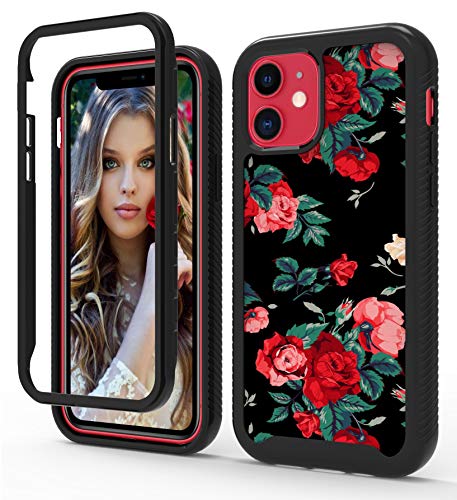 KKPAI Compatible with Apple iPhone 11 2019 Case,Roses Design Heavy Duty Shockproof Bumper Protective Phone Cover Full Body Sturdy Anti-Scratch Armored Cute Case for Women and Girls-Flowers/Black