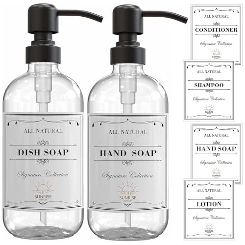 Image of Sunrise Premium 2 Pack Clear Glass Soap Dispenser 16 OZ with Matte Black Stainless Steel Pump, Hand and Dish Soap Dispenser Set for Bathroom and Kitchen Sink with 6 Waterproof Labels
